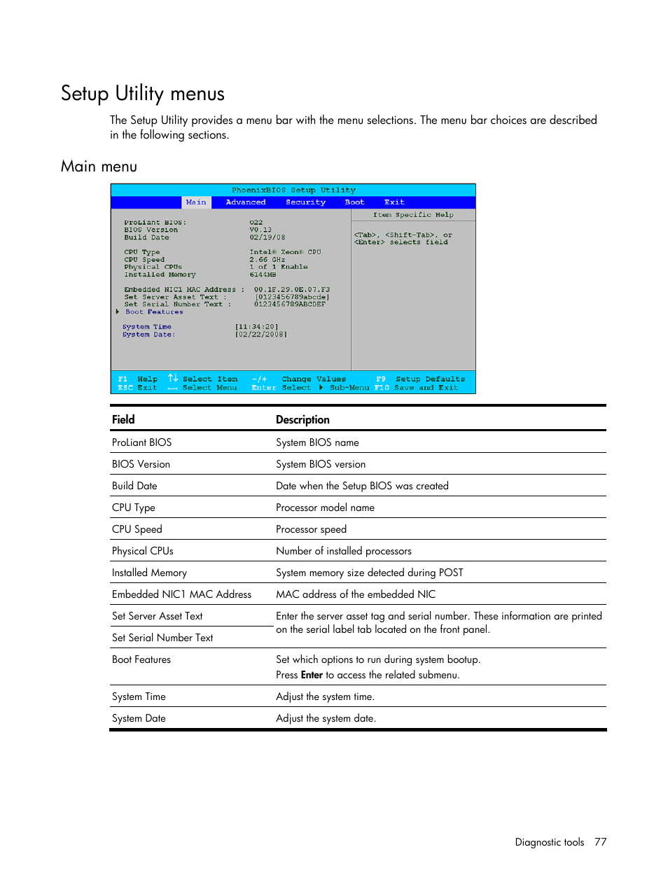 Setup utility menus, Main menu | HP DL120 User Manual | Page 77 / 108