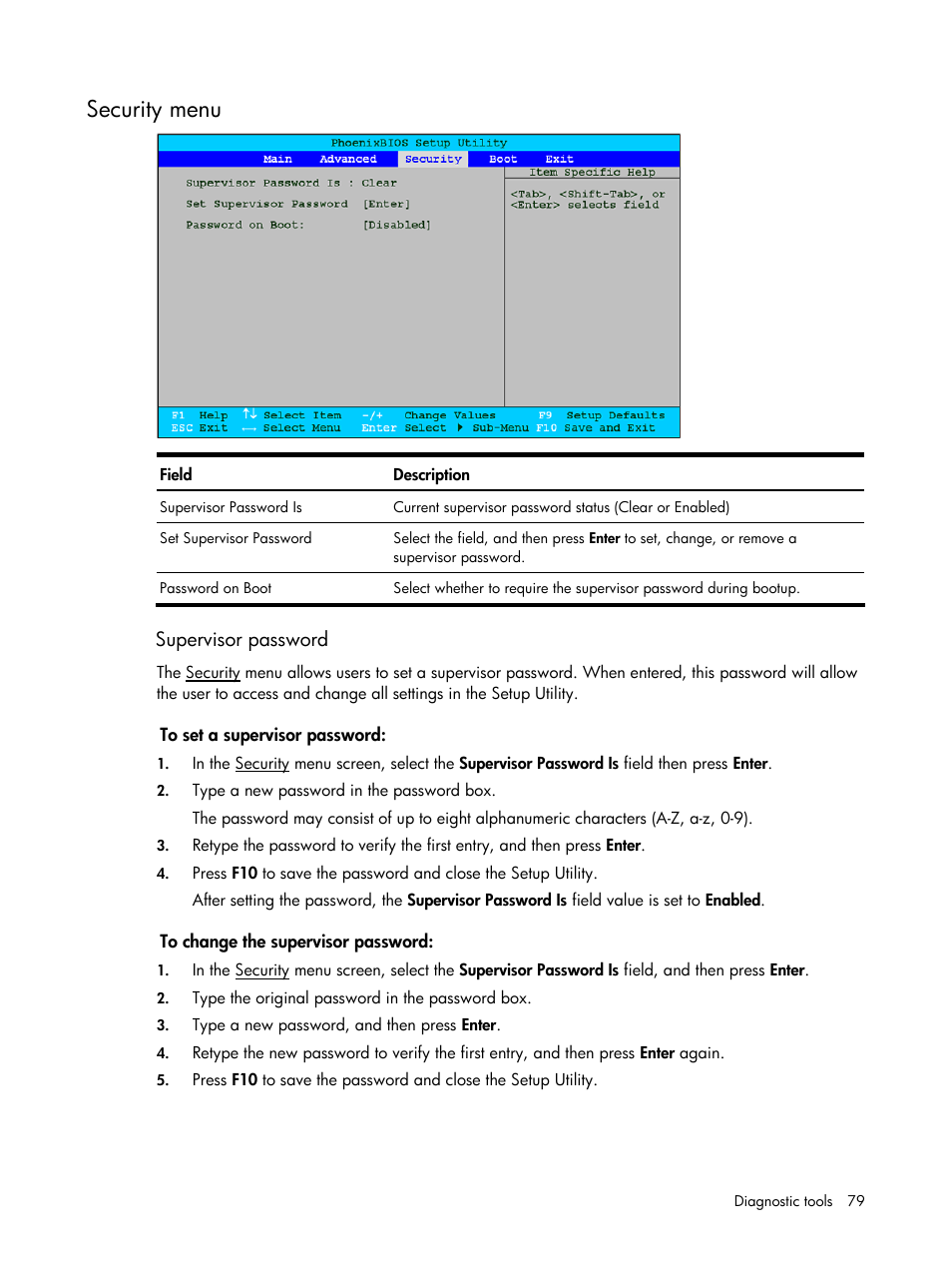 Security menu, Supervisor password | HP DL120 User Manual | Page 79 / 108