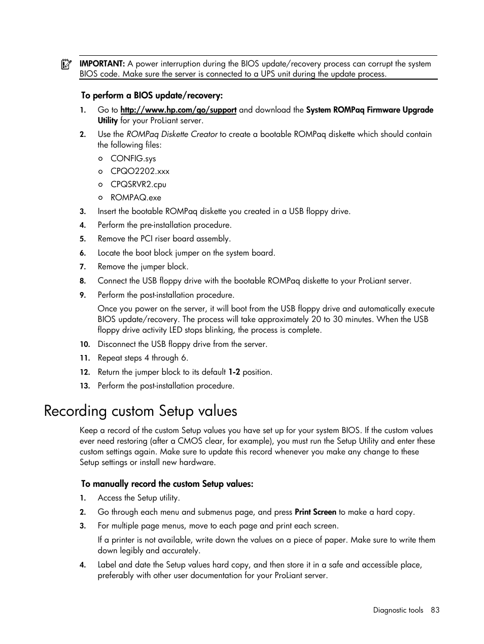 Recording custom setup values | HP DL120 User Manual | Page 83 / 108