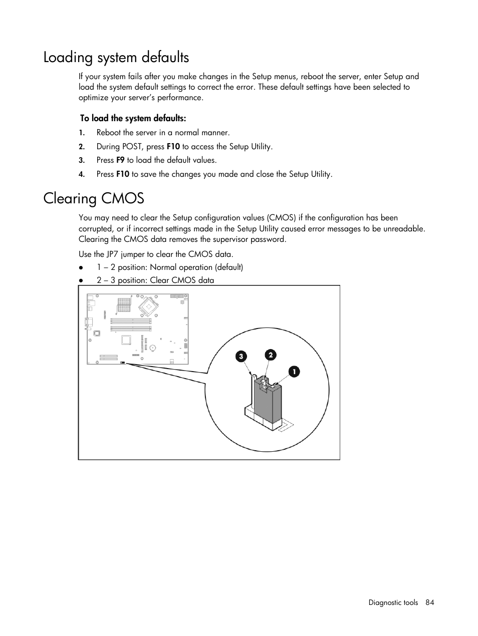 Loading system defaults, Clearing cmos | HP DL120 User Manual | Page 84 / 108