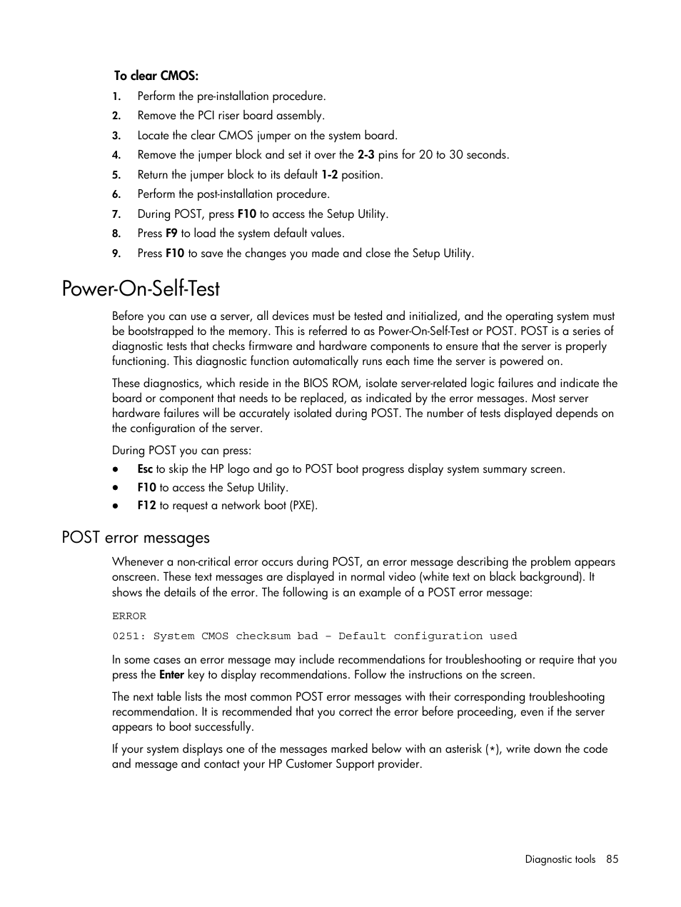 Poweronselftest, Post error messages, Power-on-self-test | HP DL120 User Manual | Page 85 / 108