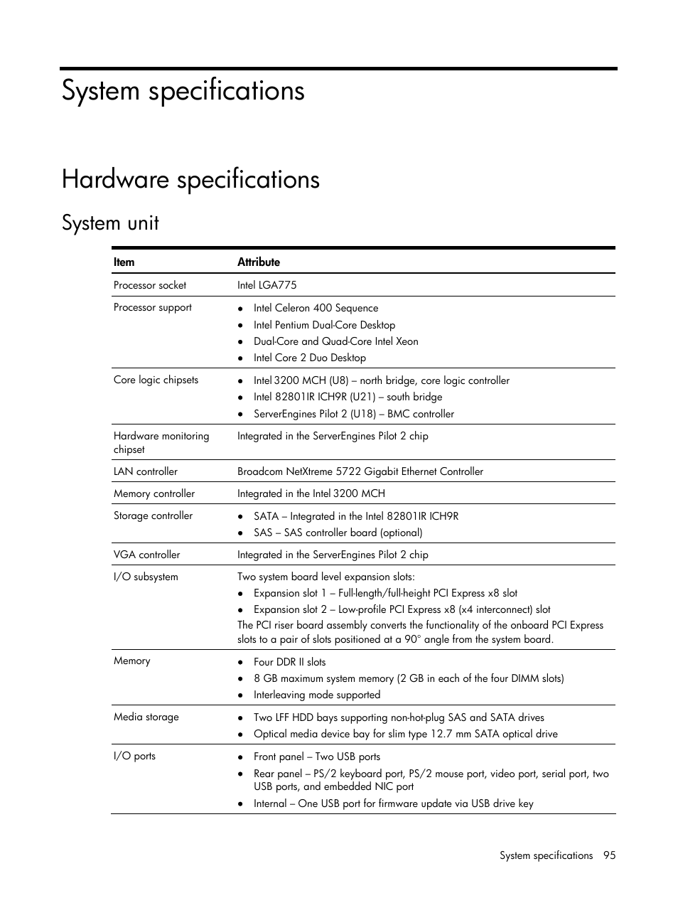 System specifications, Hardware specifications, System unit | HP DL120 User Manual | Page 95 / 108