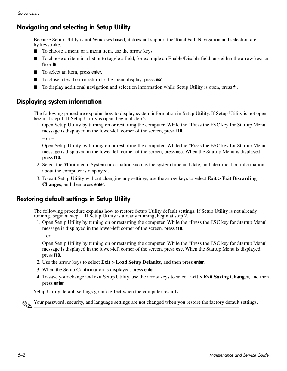 Navigating and selecting in setup utility, Displaying system information, Restoring default settings in setup utility | HP PAVILION DV8 User Manual | Page 100 / 148
