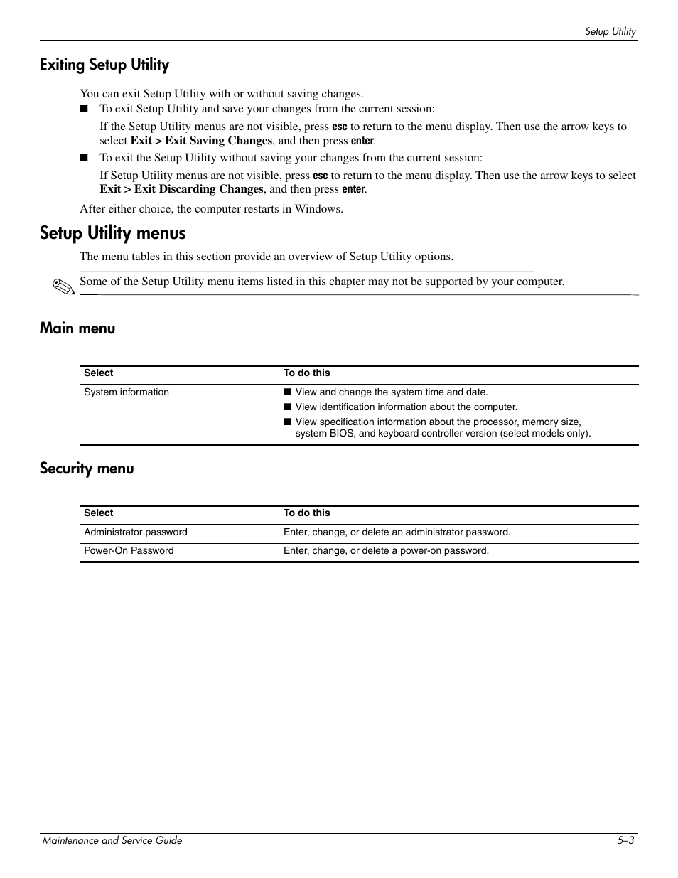 Exiting setup utility, Setup utility menus, Main menu | Security menu, Exiting setup utility –3, Setup utility menus –3, Main menu –3 security menu –3, Main menu security menu | HP PAVILION DV8 User Manual | Page 101 / 148