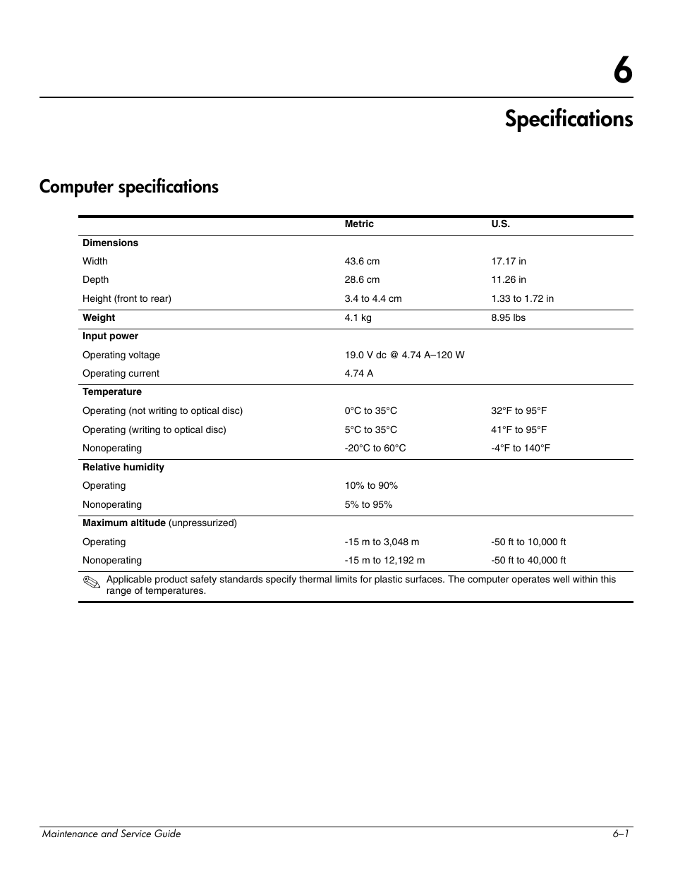 Specifications, Computer specifications, 6 specifications | Computer specifications –1 | HP PAVILION DV8 User Manual | Page 103 / 148