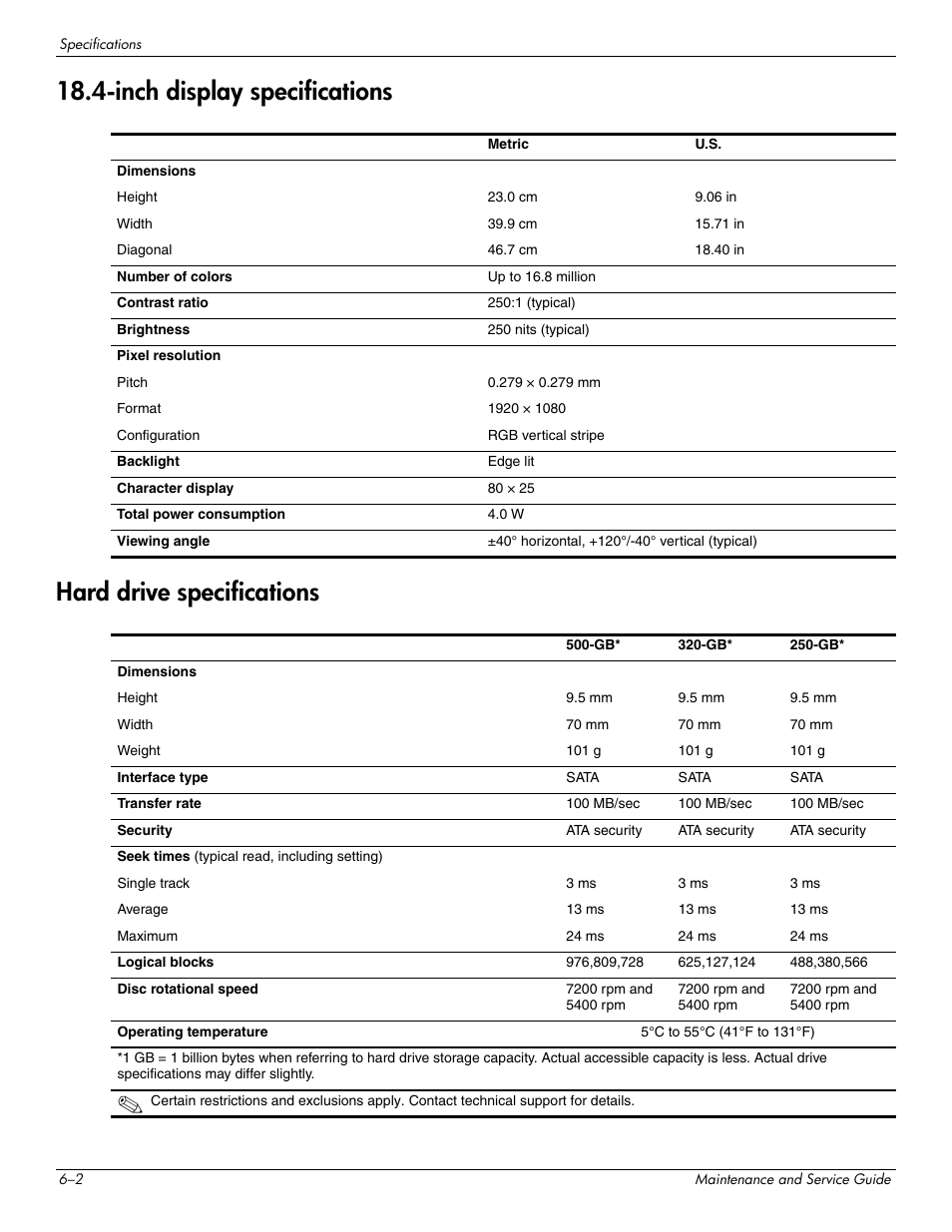 Inch display specifications, Hard drive specifications | HP PAVILION DV8 User Manual | Page 104 / 148