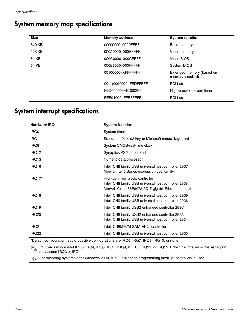 System memory map specifications, System interrupt specifications | HP PAVILION DV8 User Manual | Page 106 / 148