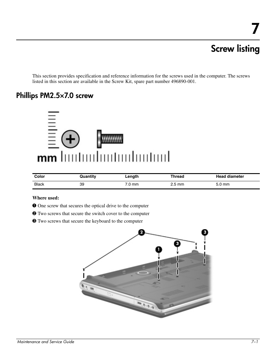 Screw listing, Phillips pm2.5×7.0 screw, 7 screw listing | Phillips pm2.5×7.0 screw –1 | HP PAVILION DV8 User Manual | Page 109 / 148