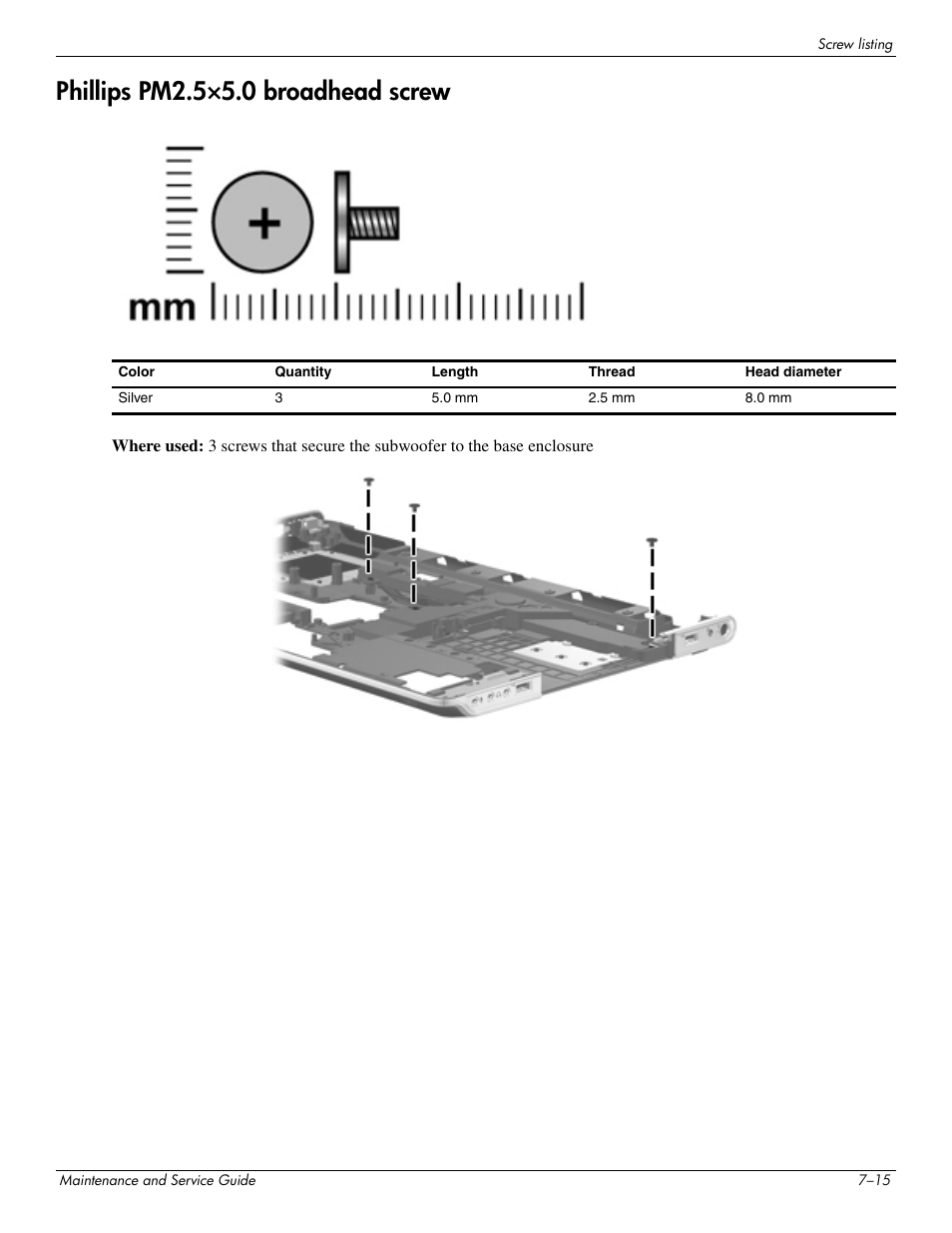 Phillips pm2.5×5.0 broadhead screw, Phillips pm2.5×5.0 broadhead screw –15 | HP PAVILION DV8 User Manual | Page 123 / 148