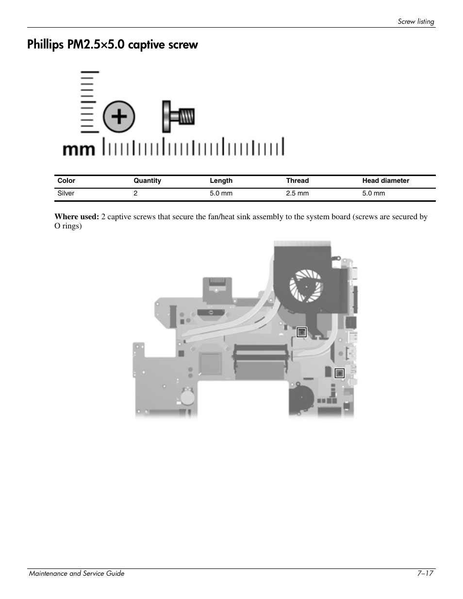 Phillips pm2.5×5.0 captive screw, Phillips pm2.5×5.0 captive screw –17 | HP PAVILION DV8 User Manual | Page 125 / 148