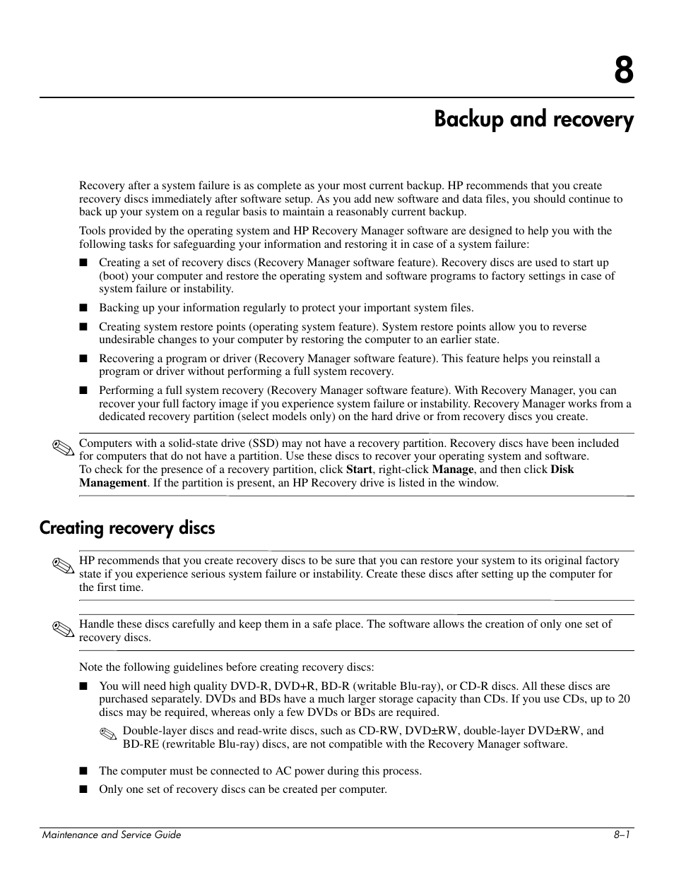 Backup and recovery, Creating recovery discs, 8 backup and recovery | Creating recovery discs –1 | HP PAVILION DV8 User Manual | Page 126 / 148