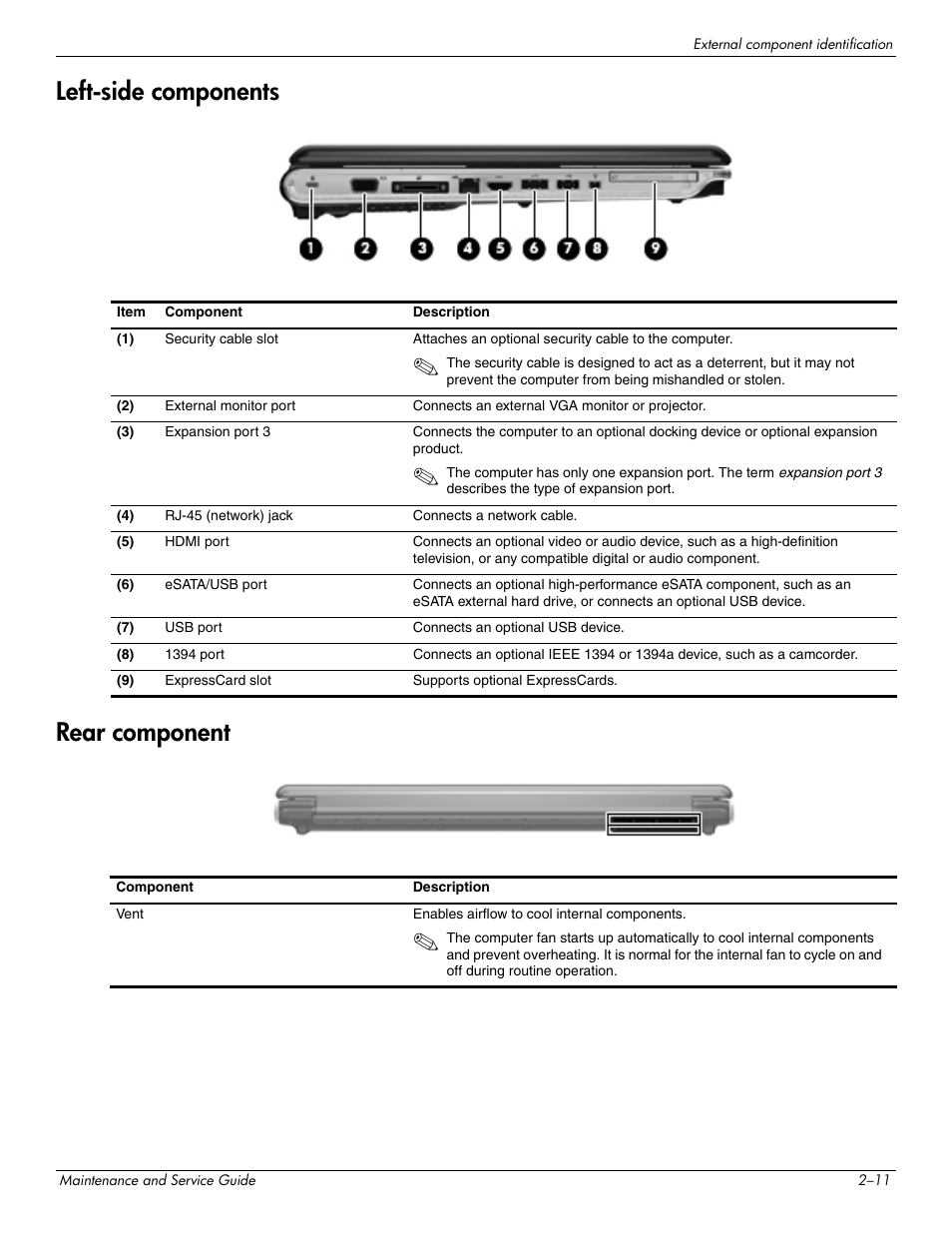 Left-side components, Rear component, Left-side components –11 rear component –11 | Left-side components rear component | HP PAVILION DV8 User Manual | Page 20 / 148