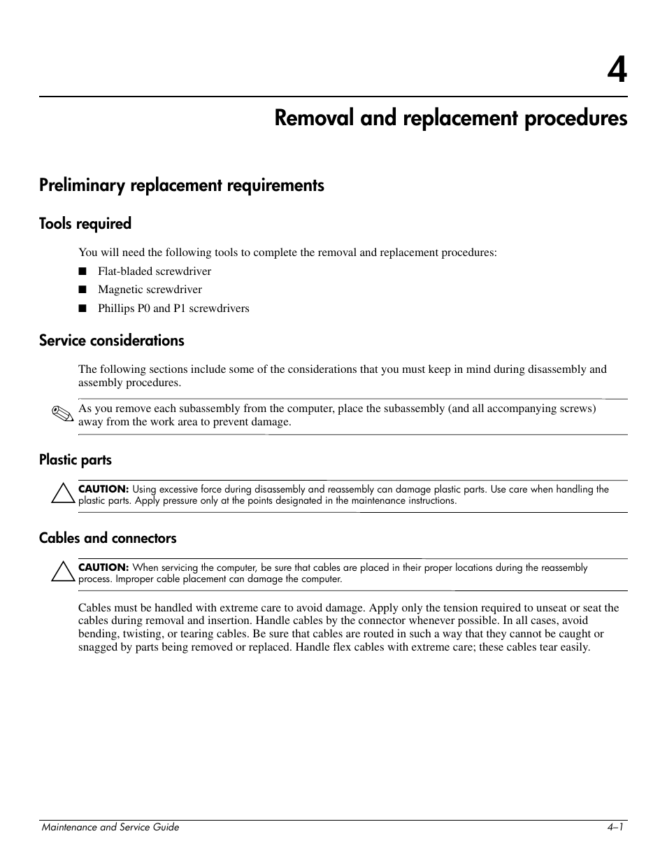 Removal and replacement procedures, Preliminary replacement requirements, Tools required | Service considerations, Plastic parts, Cables and connectors, 4 removal and replacement procedures, Preliminary replacement requirements –1, Tools required –1 service considerations –1 | HP PAVILION DV8 User Manual | Page 35 / 148