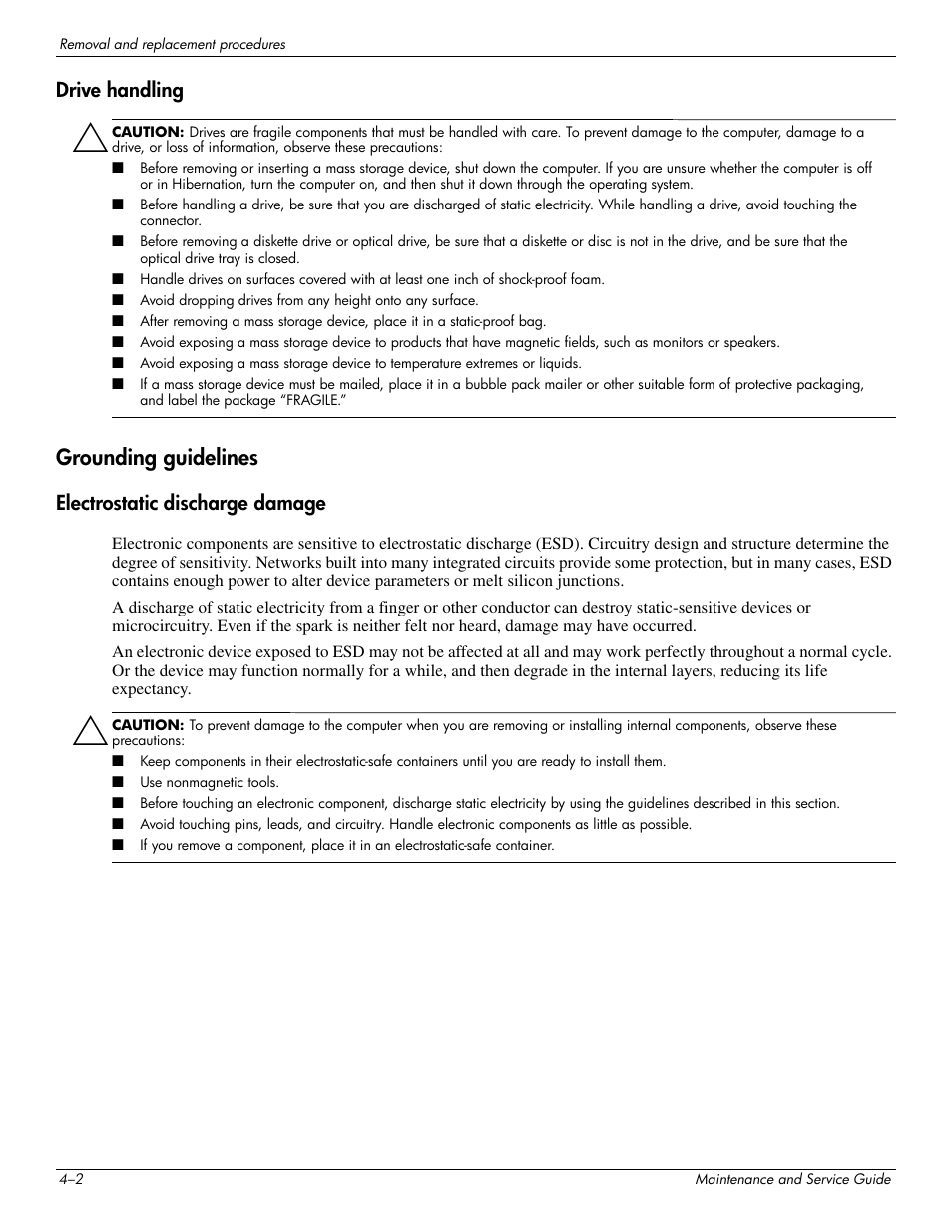 Drive handling, Grounding guidelines, Electrostatic discharge damage | Grounding guidelines –2 | HP PAVILION DV8 User Manual | Page 36 / 148