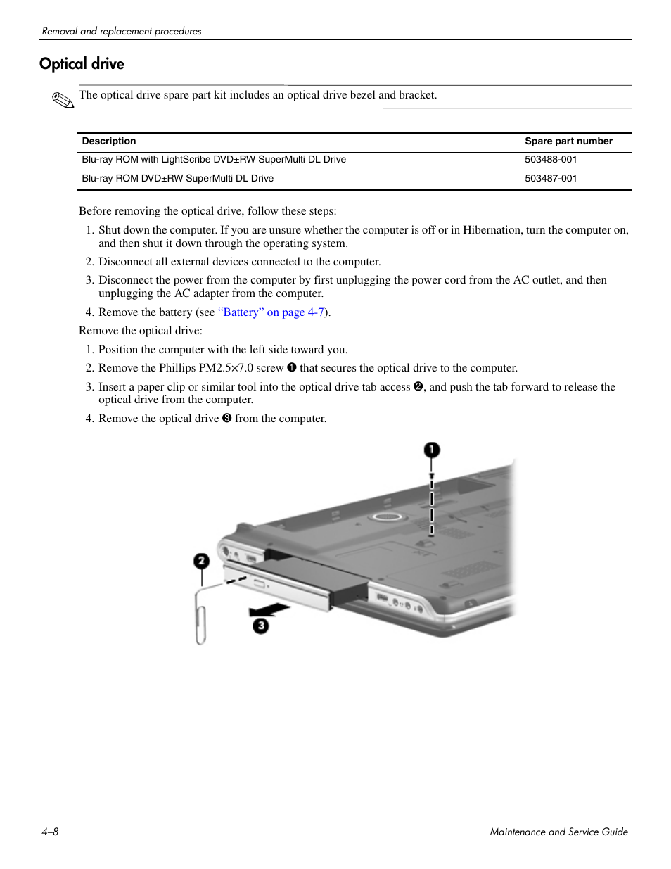 Optical drive, Optical drive –8 | HP PAVILION DV8 User Manual | Page 42 / 148