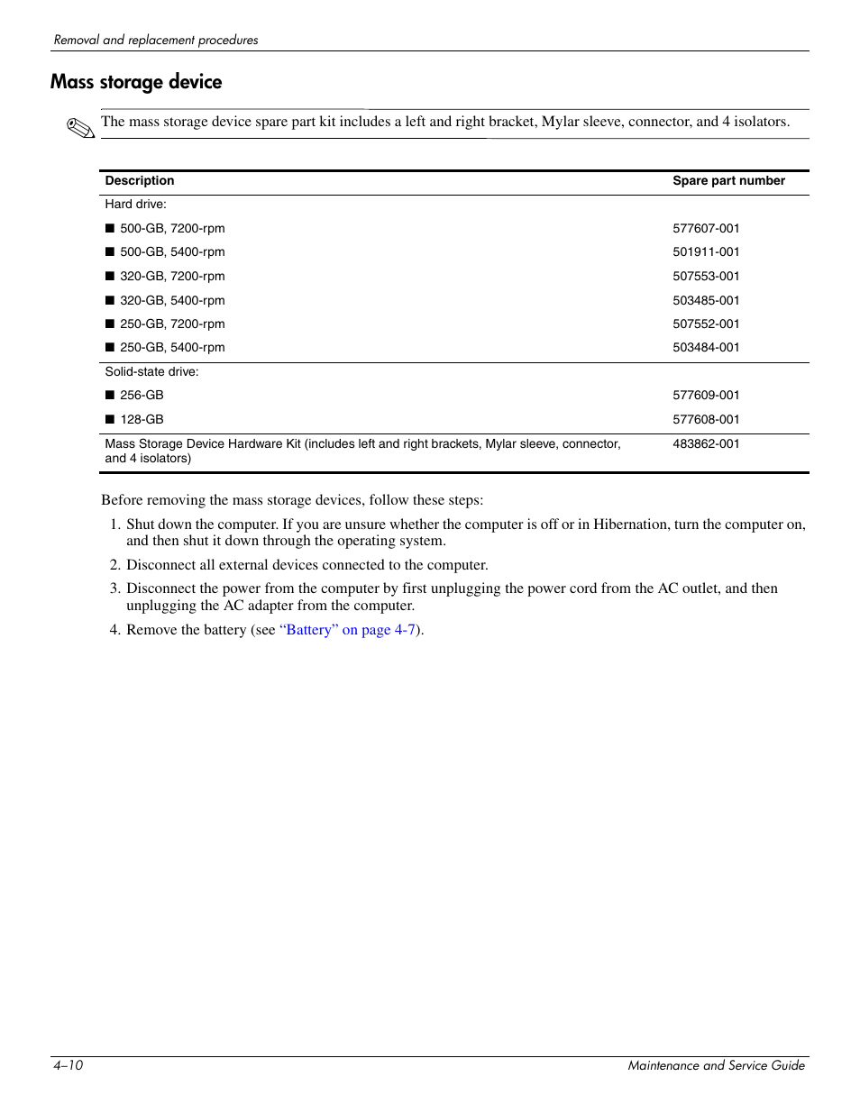 Mass storage device, Mass storage device –10 | HP PAVILION DV8 User Manual | Page 44 / 148