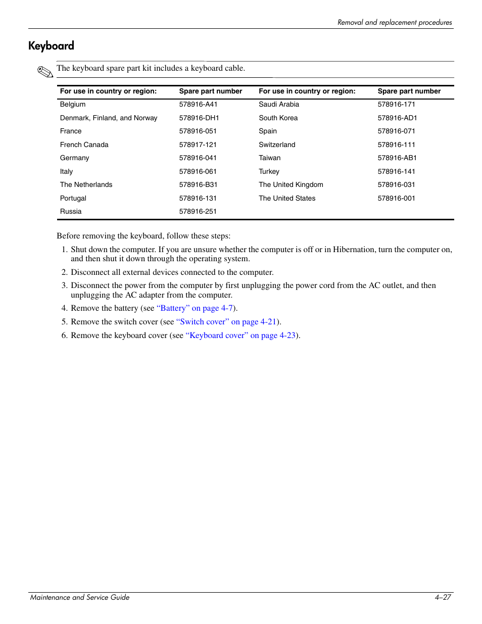 Keyboard, Keyboard –27 | HP PAVILION DV8 User Manual | Page 61 / 148