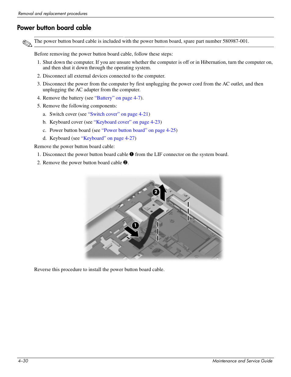 Power button board cable, Power button board cable –30 | HP PAVILION DV8 User Manual | Page 64 / 148