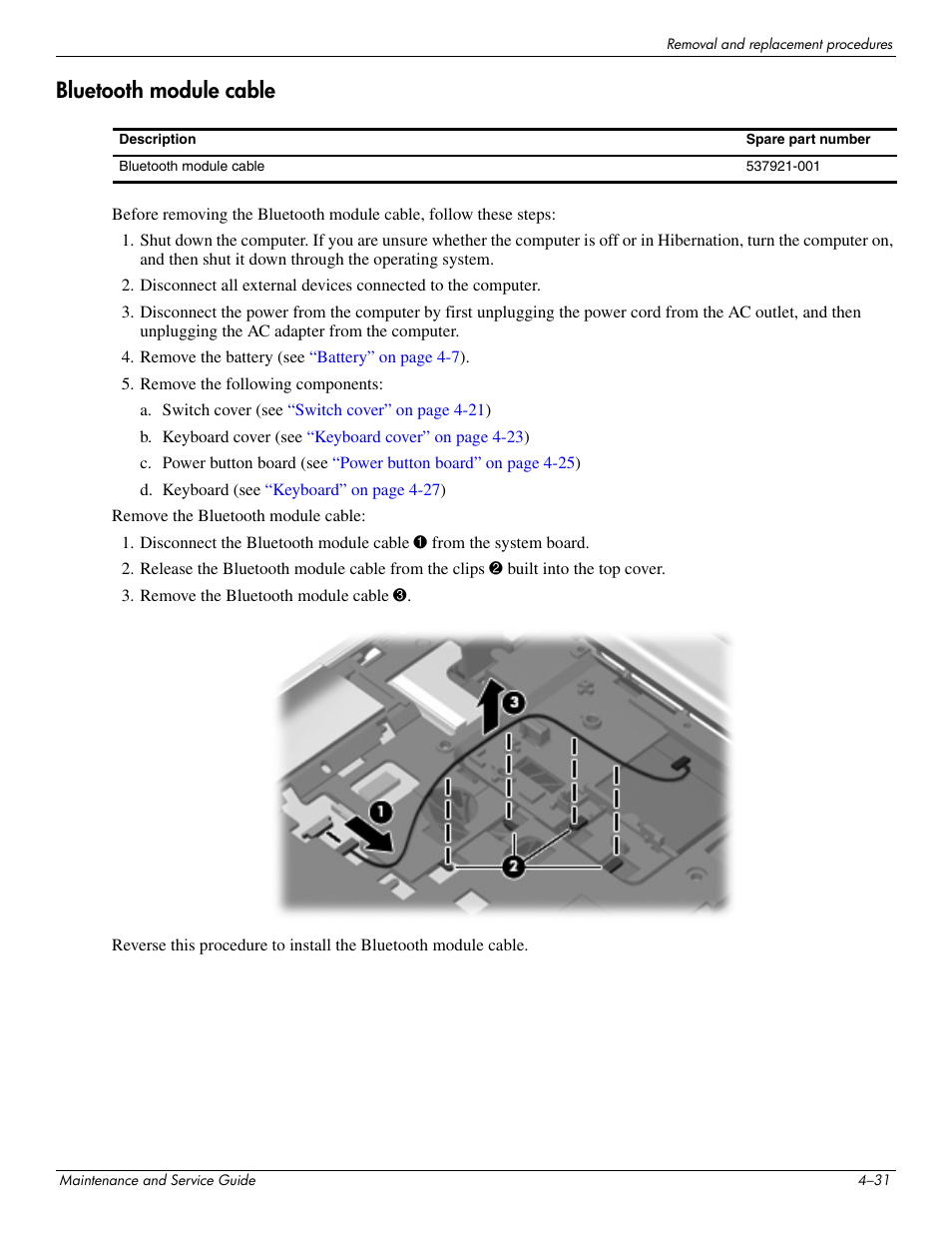 Bluetooth module cable, Bluetooth module cable –31 | HP PAVILION DV8 User Manual | Page 65 / 148
