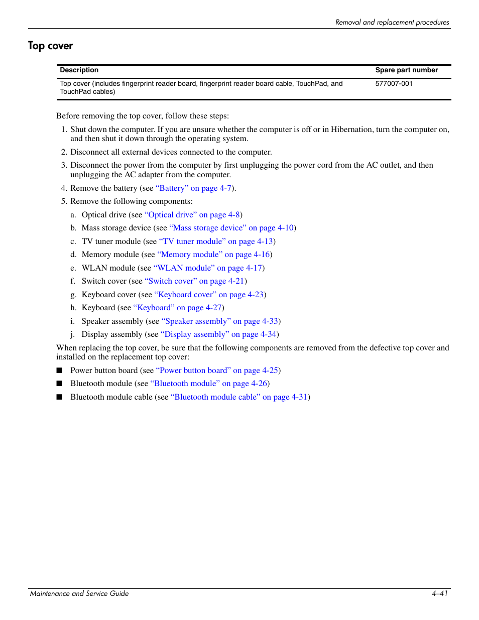 Top cover, Top cover –41 | HP PAVILION DV8 User Manual | Page 75 / 148