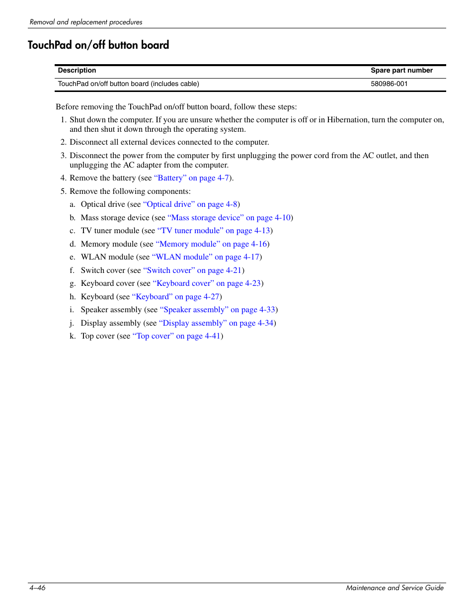 Touchpad on/off button board, Touchpad on/off button board –46 | HP PAVILION DV8 User Manual | Page 80 / 148