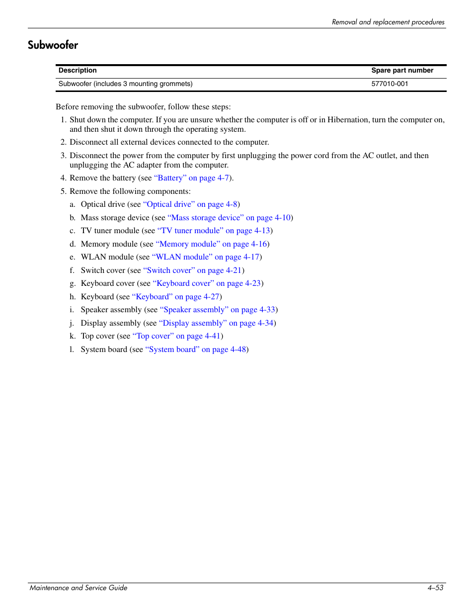 Subwoofer, Subwoofer –53 | HP PAVILION DV8 User Manual | Page 87 / 148