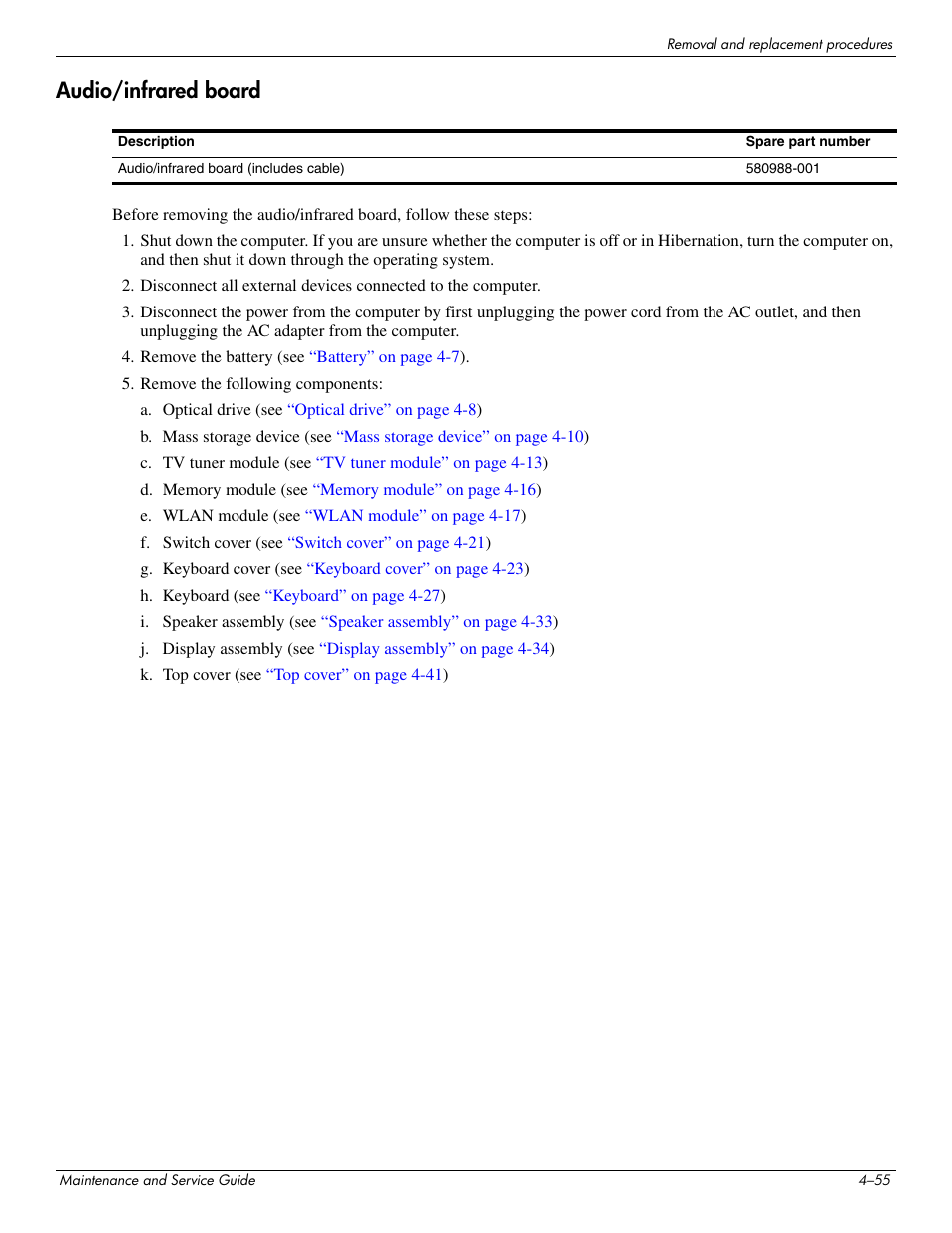 Audio/infrared board, Audio/infrared board –55 | HP PAVILION DV8 User Manual | Page 89 / 148