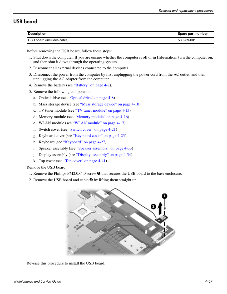 Usb board, Usb board –57 | HP PAVILION DV8 User Manual | Page 91 / 148