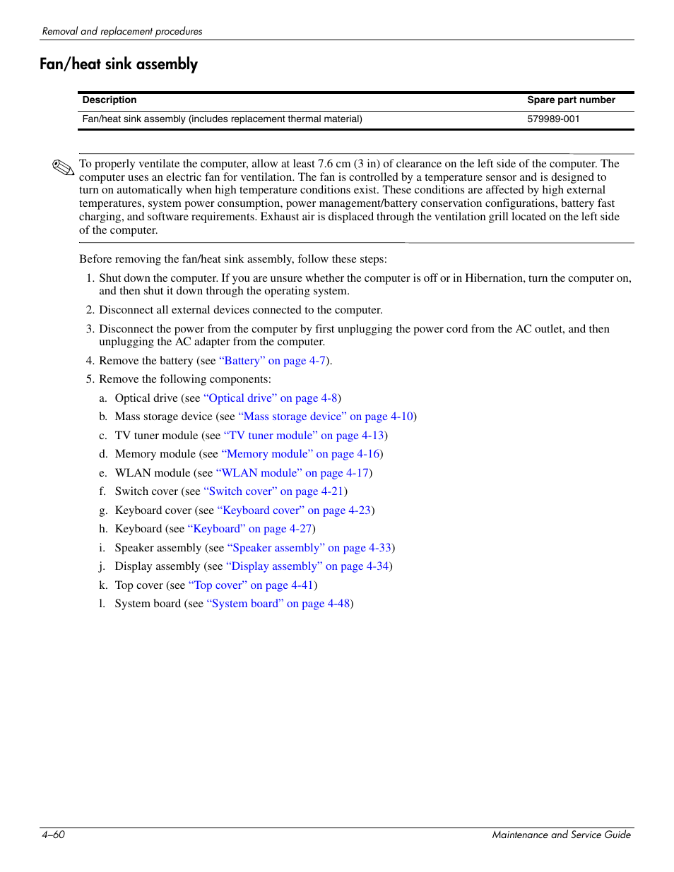 Fan/heat sink assembly, Fan/heat sink assembly –60 | HP PAVILION DV8 User Manual | Page 94 / 148