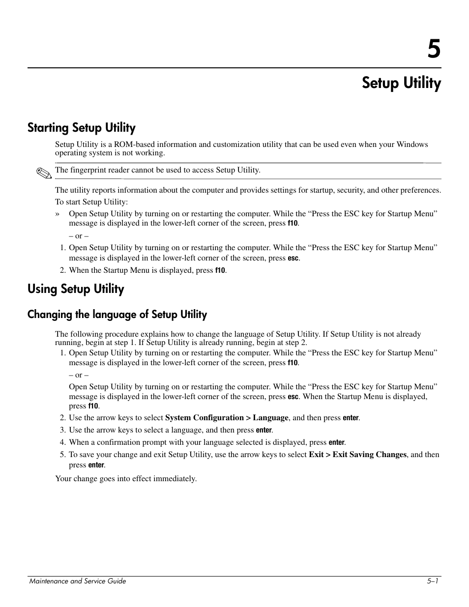 Setup utility, Starting setup utility, Using setup utility | Changing the language of setup utility, 5 setup utility, Starting setup utility –1 using setup utility –1, Changing the language of setup utility –1 | HP PAVILION DV8 User Manual | Page 99 / 148