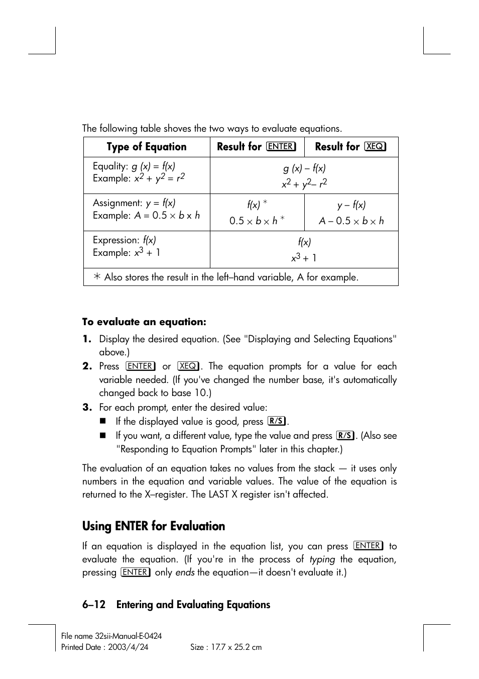 Using enter for evaluation | HP 32SII User Manual | Page 100 / 376