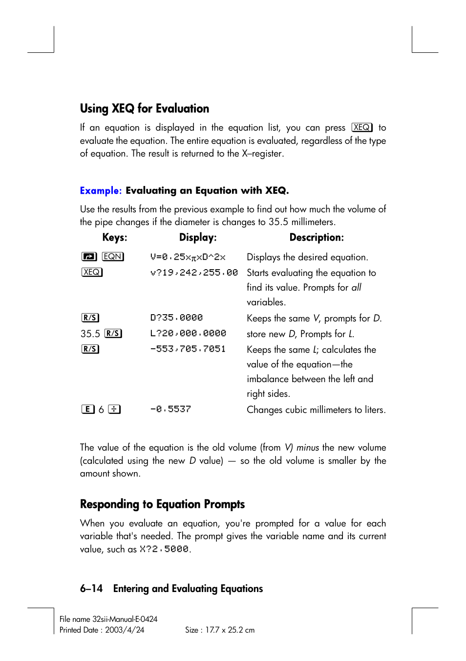 Using xeq for evaluation, Responding to equation prompts | HP 32SII User Manual | Page 102 / 376