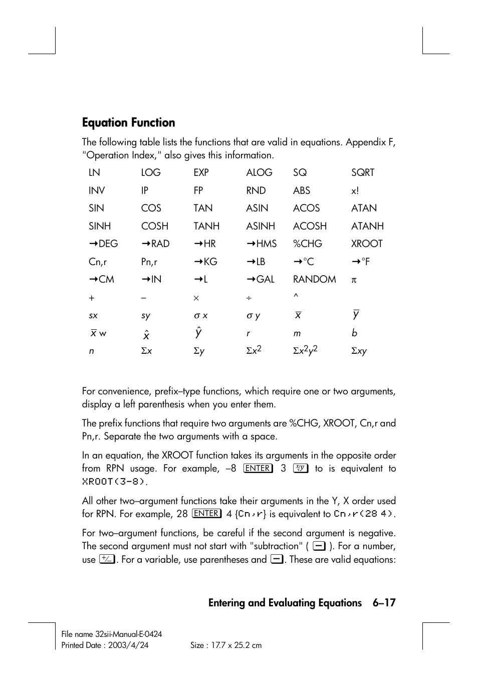Equation function | HP 32SII User Manual | Page 105 / 376