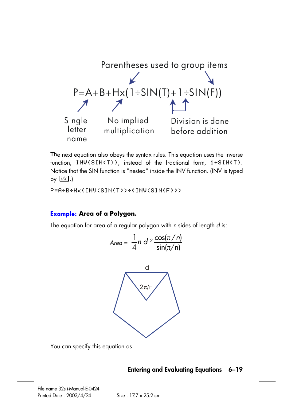 P=a+b+hx(1 sin(t)+1 sin(f)) ч ч, Parentheses used to group items | HP 32SII User Manual | Page 107 / 376