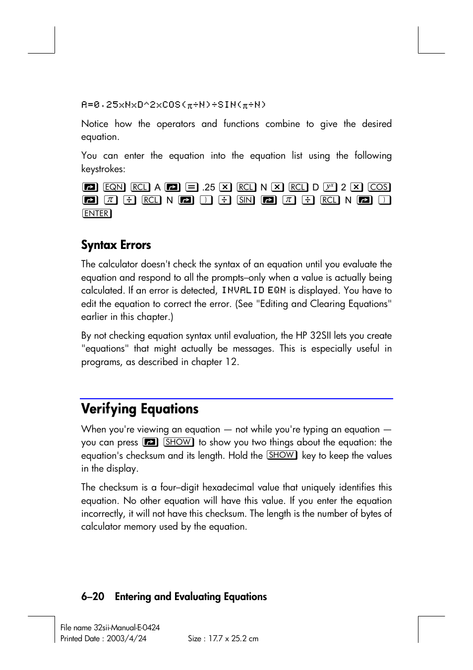 Verifying equations, Syntax errors | HP 32SII User Manual | Page 108 / 376