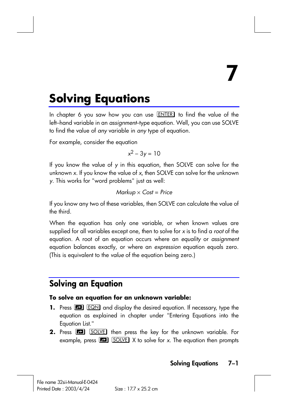 Solving equations, Solving an equation | HP 32SII User Manual | Page 111 / 376