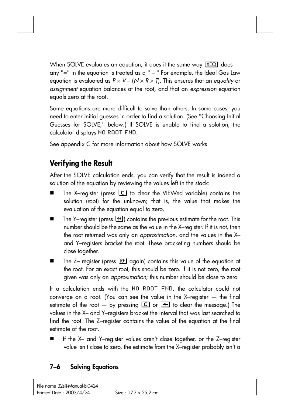 Verifying the result | HP 32SII User Manual | Page 116 / 376