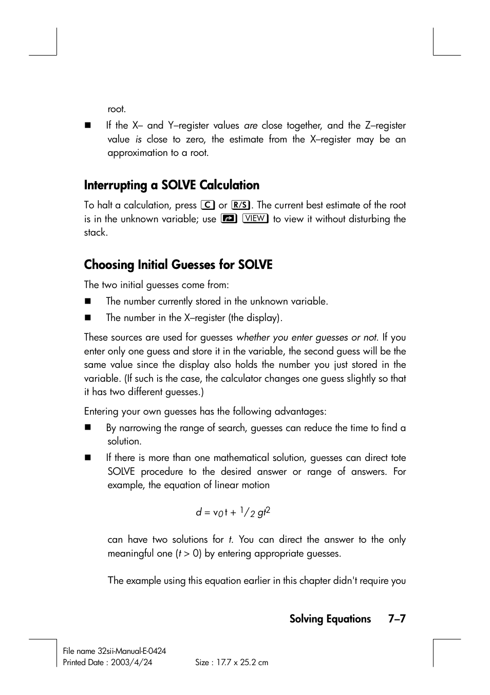 Interrupting a solve calculation, Choosing initial guesses for solve | HP 32SII User Manual | Page 117 / 376