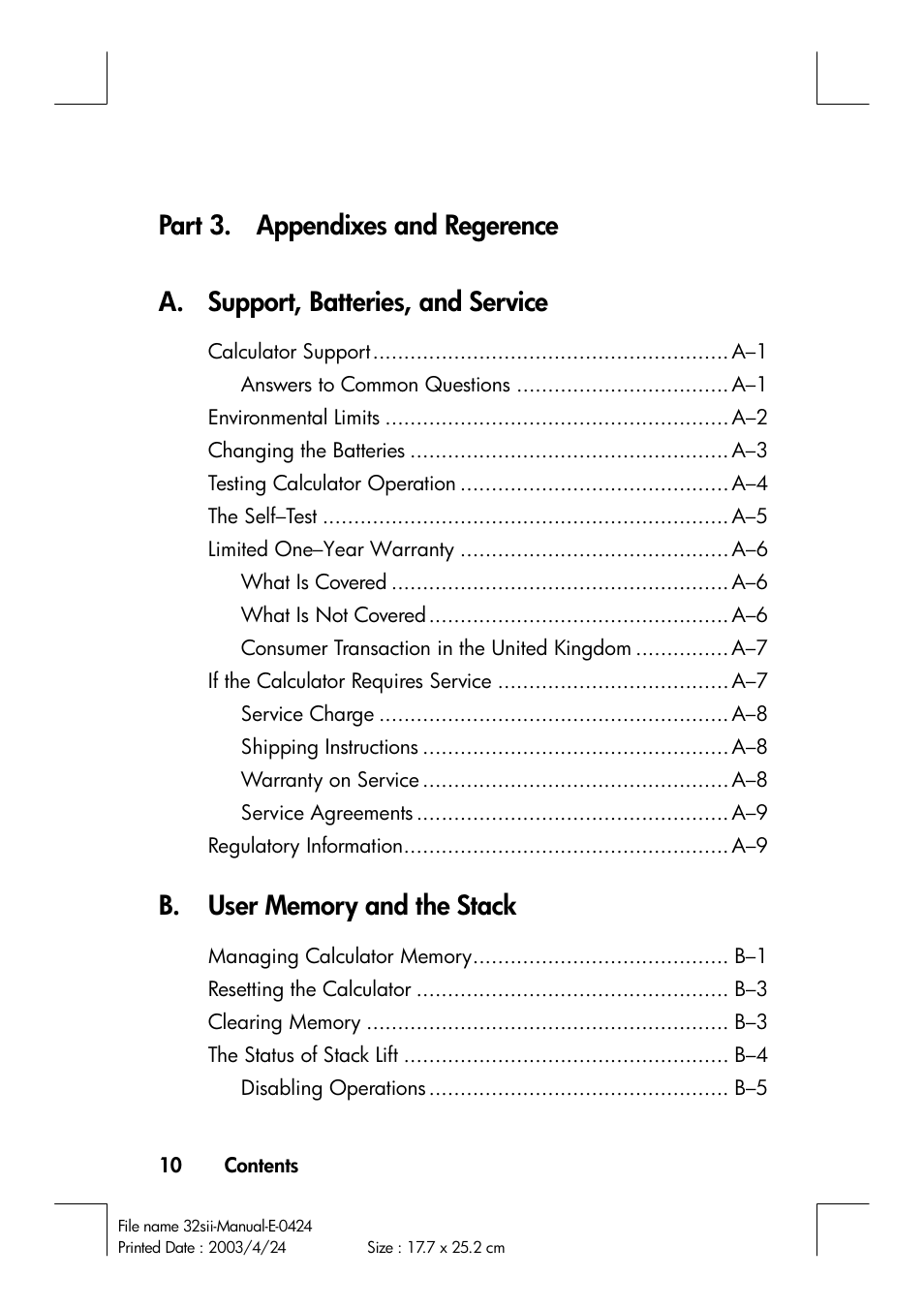 Part 3. appendixes and regerence, A. support, batteries, and service | HP 32SII User Manual | Page 12 / 376
