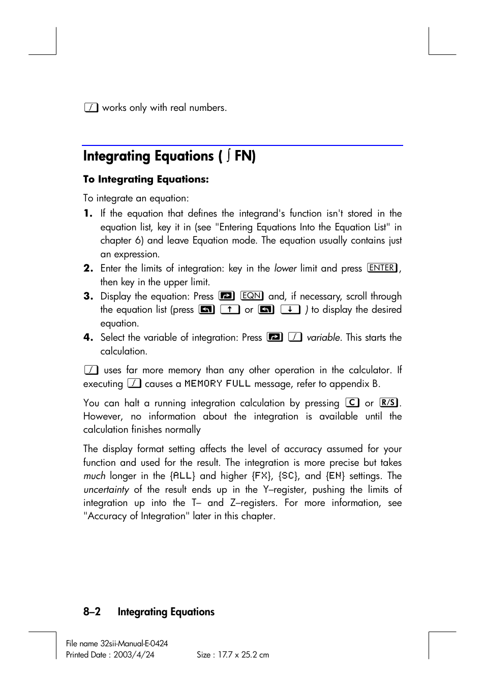 Integrating equations | HP 32SII User Manual | Page 124 / 376