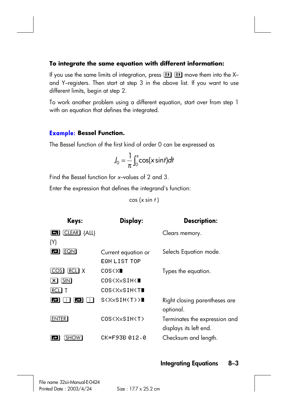 Sin cos( 1 dt t x j | HP 32SII User Manual | Page 125 / 376