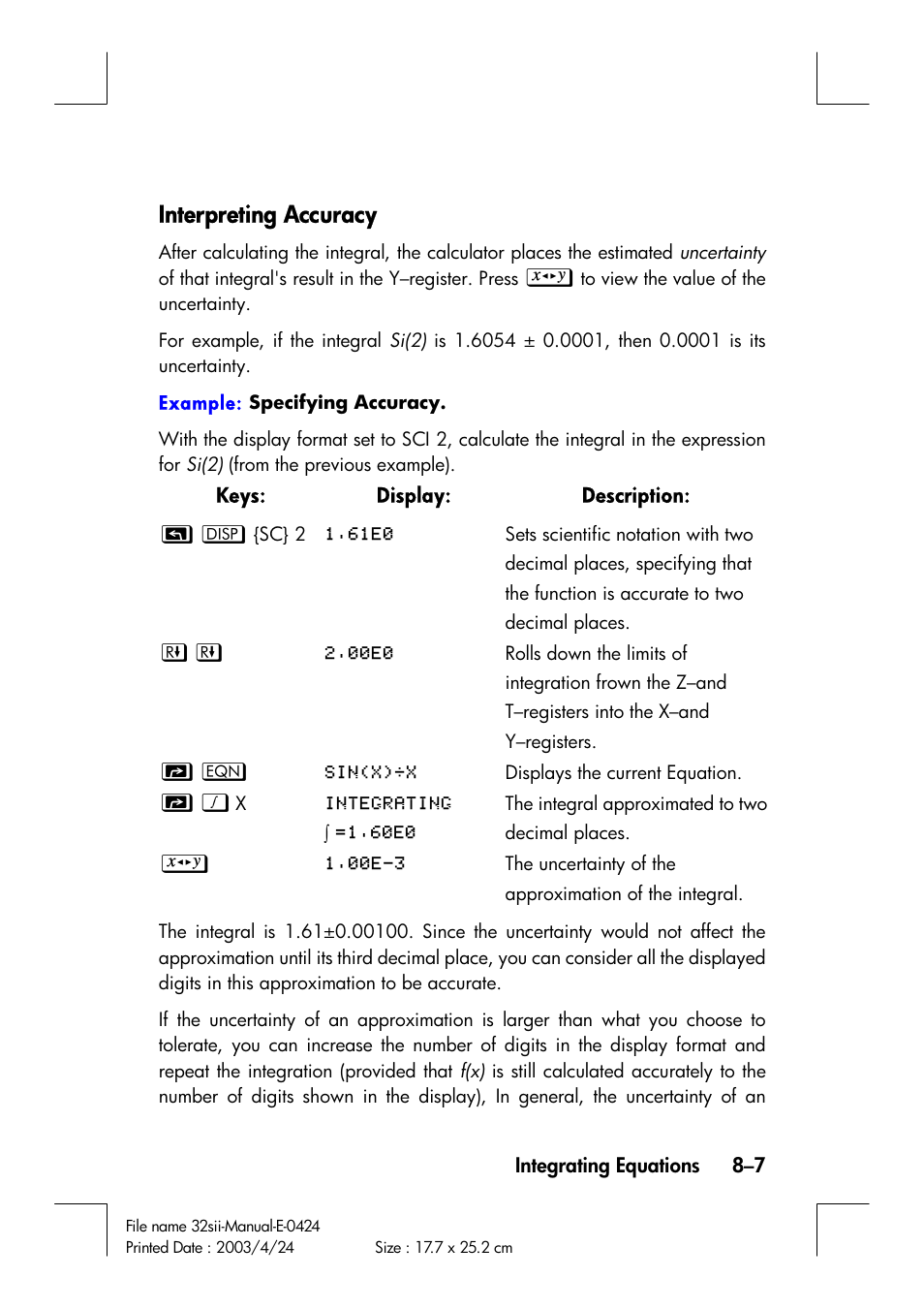 Interpreting accuracy | HP 32SII User Manual | Page 129 / 376