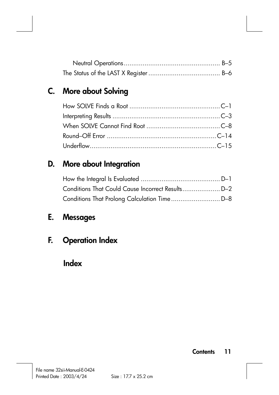 C. more about solving, D. more about integration, E. messages | F. operation index, Index | HP 32SII User Manual | Page 13 / 376