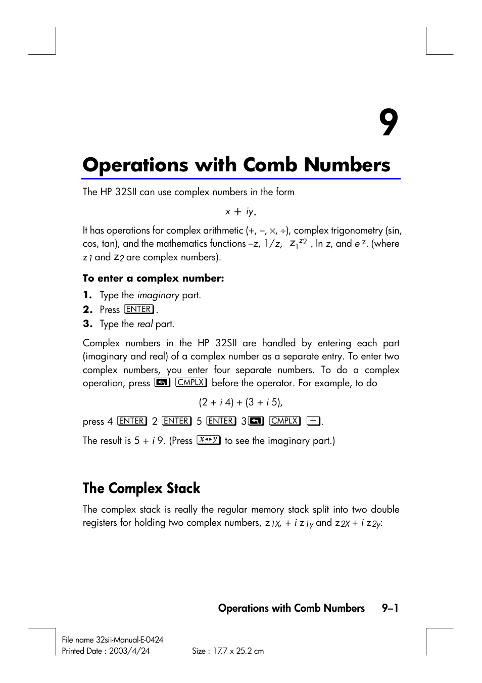 Operations with comb numbers, The complex stack | HP 32SII User Manual | Page 133 / 376
