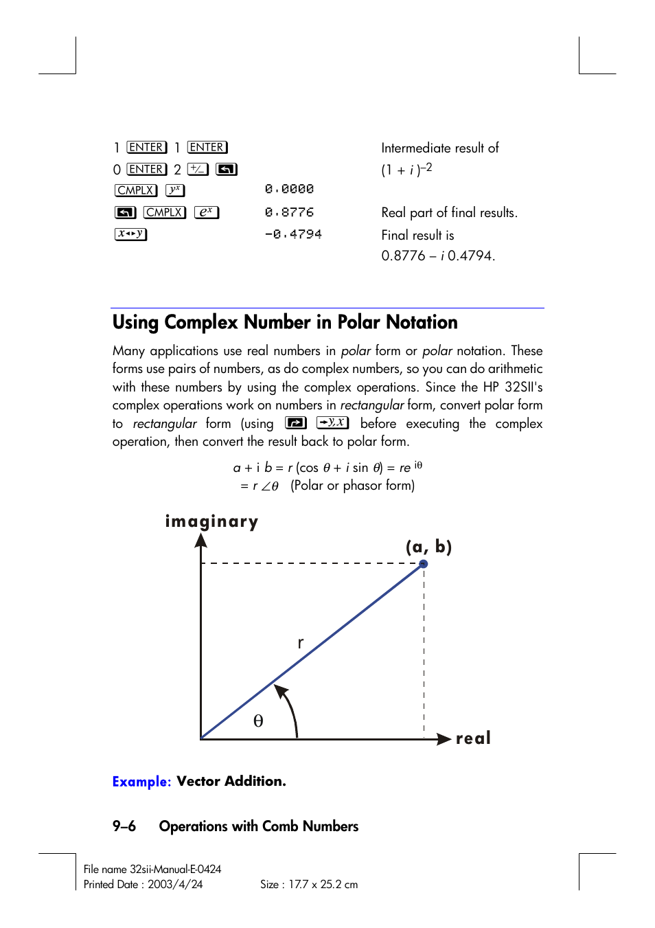 Using complex number in polar notation, Real (a, b) imaginary | HP 32SII User Manual | Page 138 / 376