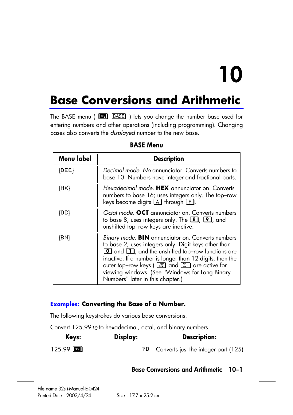 Base conversions and arithmetic | HP 32SII User Manual | Page 141 / 376