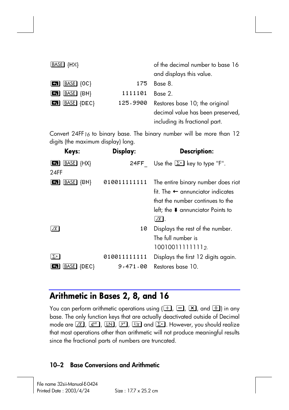 Arithmetic in bases 2, 8, and 16 | HP 32SII User Manual | Page 142 / 376