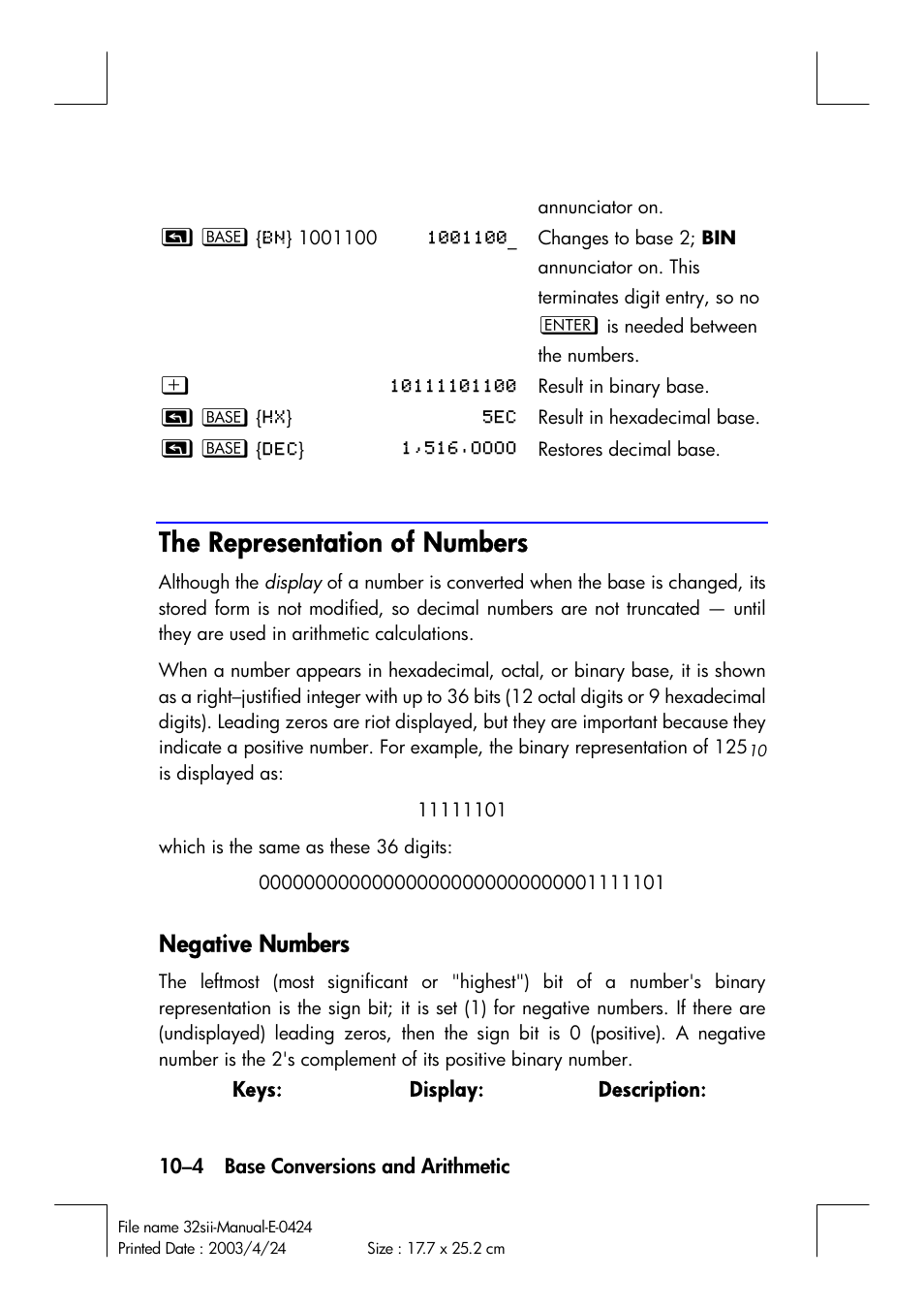 The representation of numbers, Negative numbers | HP 32SII User Manual | Page 144 / 376