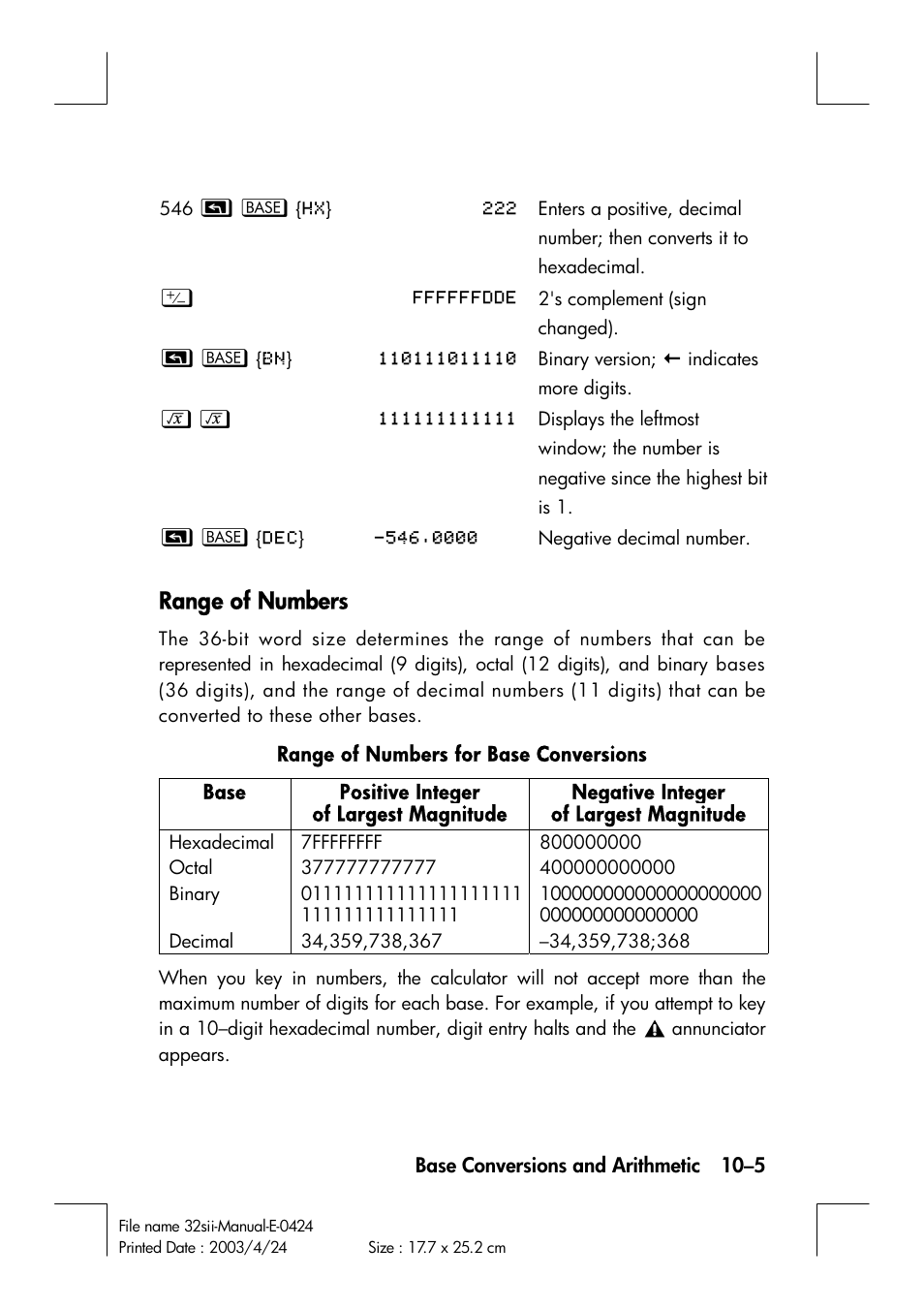 Range of numbers | HP 32SII User Manual | Page 145 / 376