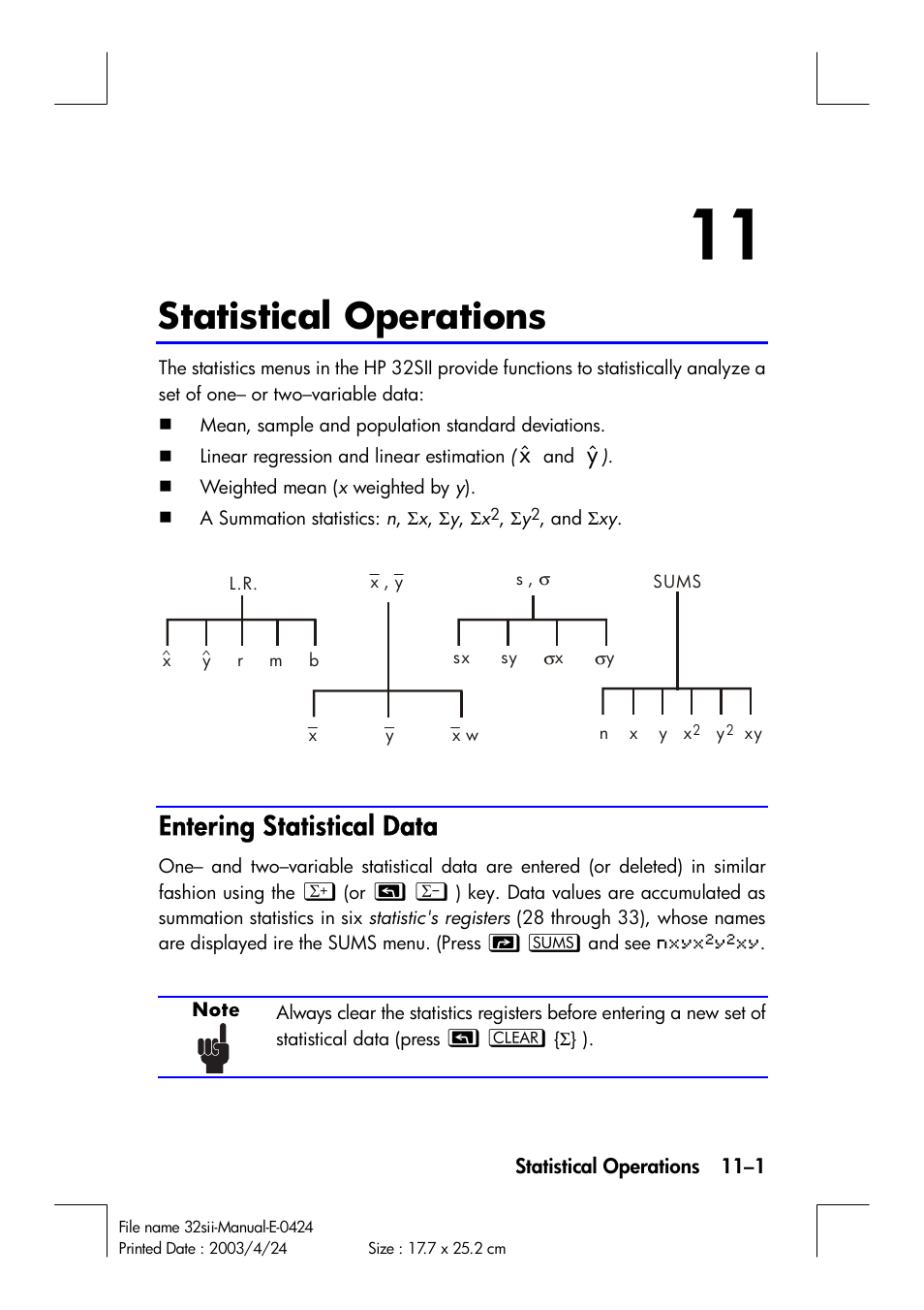 Statistical operations, Entering statistical data | HP 32SII User Manual | Page 149 / 376